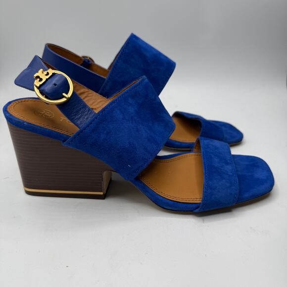 Tory Burch Women's Leather Selby Block-Heel Sandals Blue Size 9 - Picture 2 of 10